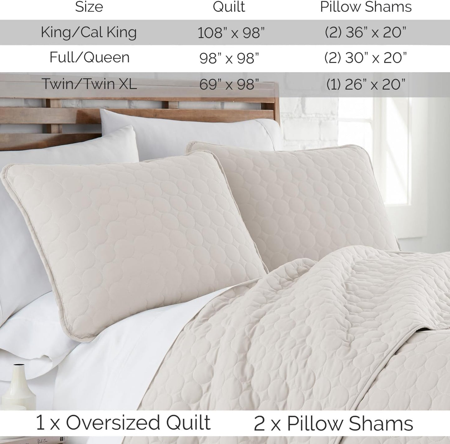 King/California King Oversized Quilt Bedding Set with Lightweight Soft Coverlet Bedspread and Two Matching Shams - Bone