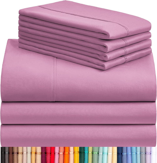 7 PC Split King Sheet Set, Breathable Luxury Bed Sheets, Deep Pockets 18" Eco Friendly Wrinkle Free Cooling Sheets Machine Washable Hotel Bedding Silky Soft - Light Plum Split King