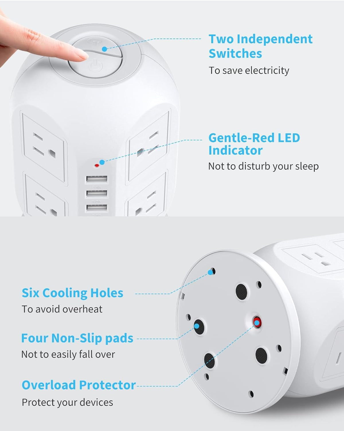 Tower Surge Protector Power Strip 10 Ft,  Long Extension Cord with Multiple Outlets, 8 AC Outlets with 4 USB Ports Power Strips with Surge Protection for Home Office Dorm Essentials