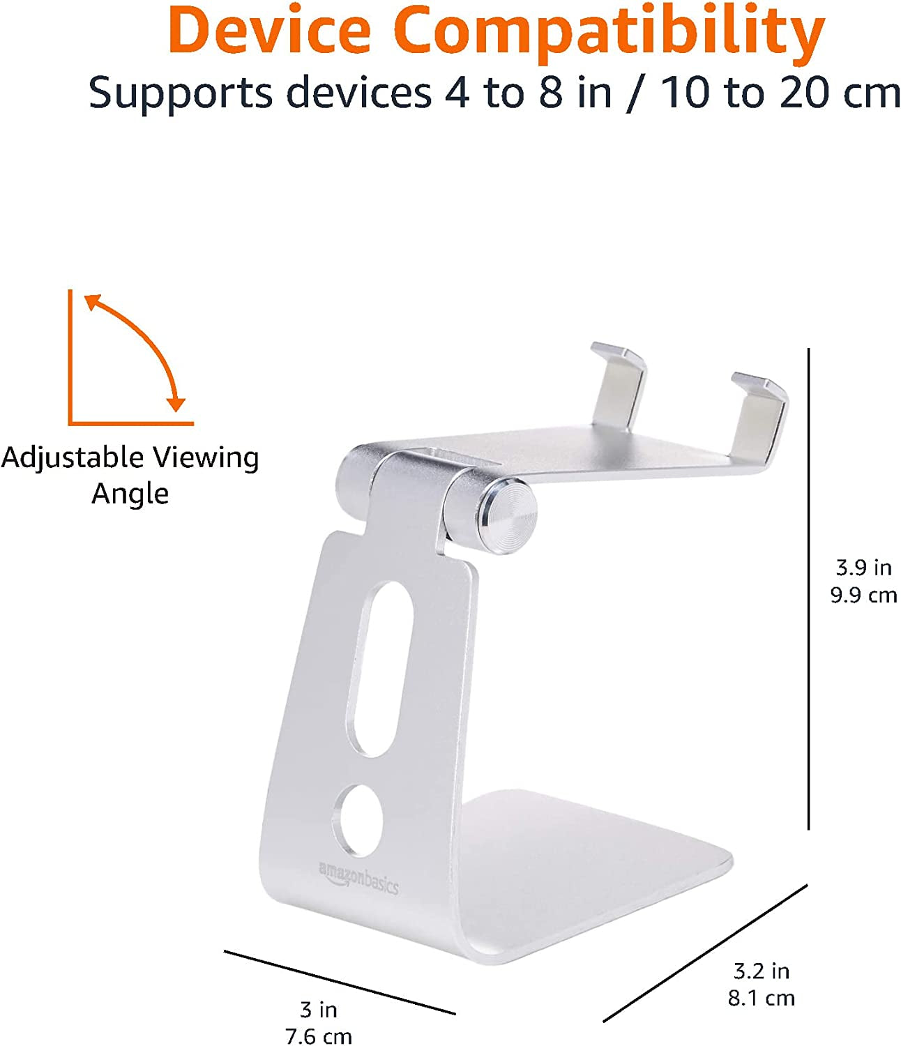 Adjustable Aluminum Cell Phone Desk Stand for Iphone and Android, 3.15 X 2.87 X 3.74 Inch, Silver