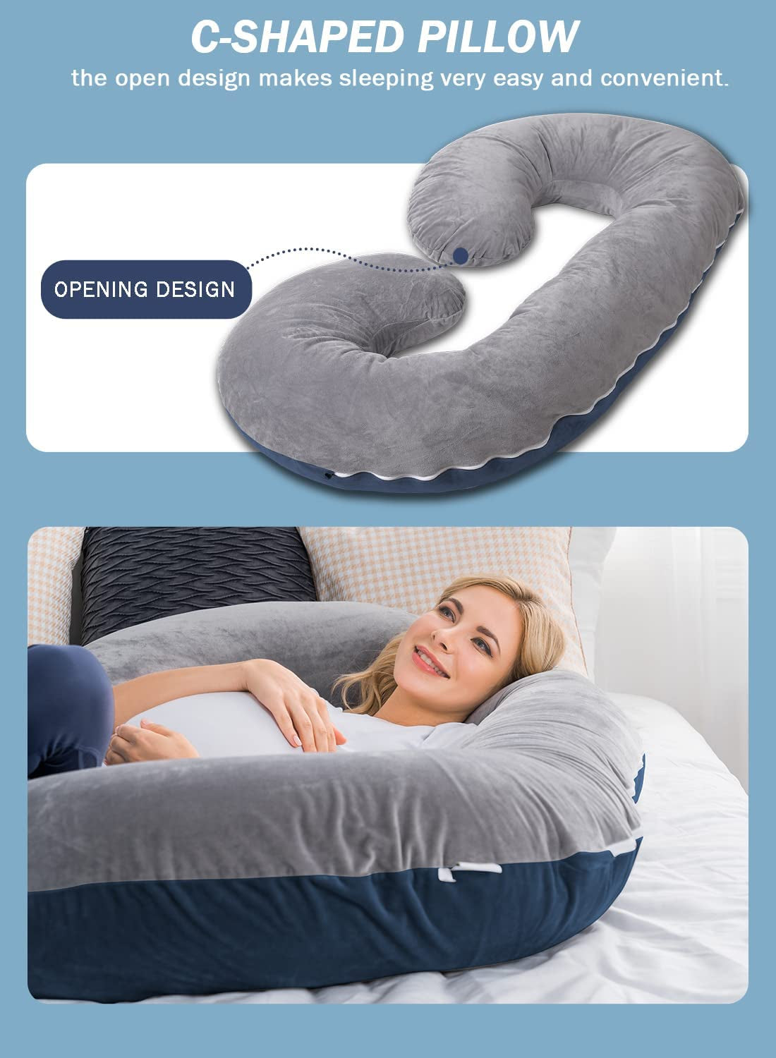 Pregnancy Pillow,Maternity Body Pillow with Velvet Cover,C Shaped Body Pillow for Sleeping (Blue&Grey)