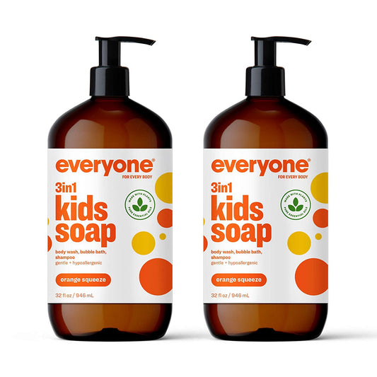 Everyone 3-In-1 Kids Soap, Body Wash, Bubble Bath, Shampoo, 32 Ounce (Pack of 2), Orange Squeeze, Coconut Cleanser with Organic Plant Extracts and Pure Essential Oils (Packaging May Vary)