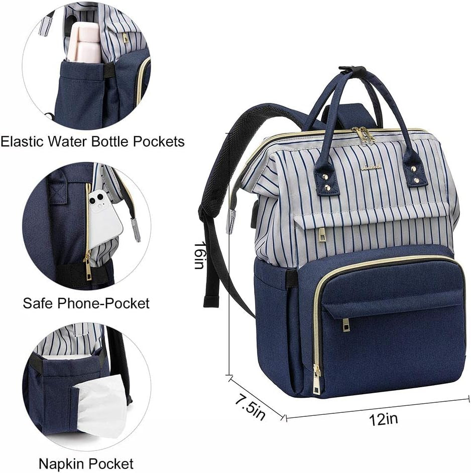 Laptop Backpack Women Teacher Backpack Nurse Bags, 15.6 Inch Womens Work Backpack Purse Waterproof Anti-Theft Travel Back Pack with USB Charging Port (Blue-Stripe)